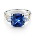thumbnail image 2 of 925 Silver and 10K Yellow Gold Blue Created Sapphire and White Moissanite 3 Stone Ring for Women (5.78 Cttw, Gemstone September Birthstone, Cushion 10MM, Round 4MM, Available in Size 5, 6, 7, 8, 9), 2 of 3