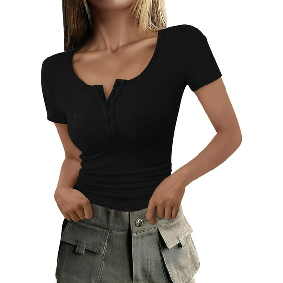Clearance! Delayuji Womens Short Sleeve Tops Summer Short Sleeve Tops Ribbed Knit Button Up Slim Fit Basic Casual T Shirts Blouse L Black