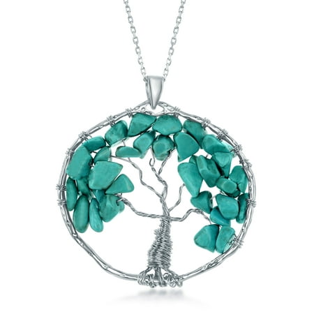 Handmade Turquoise Necklace (Sterling Silver Handmade Natural Turquoise Beads Circle Tree of Life Birthstone Pendant 30