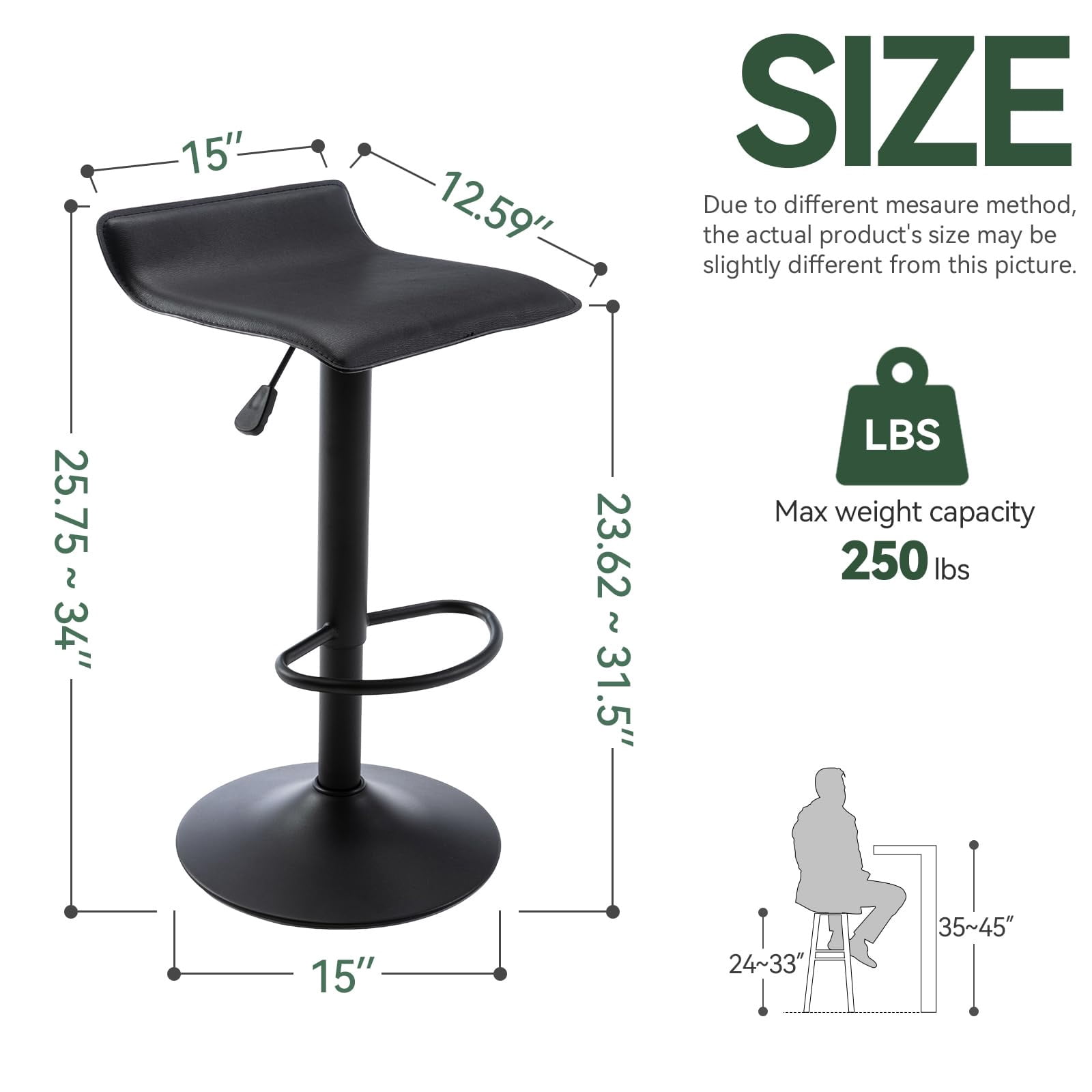 Adjustable Backless PU Leather Bar Stools Set of 2, 360° Swivel Counter Height Bar Stools with Footrest, Modern Armless Kitchen Island Chairs (Black, Black Base)