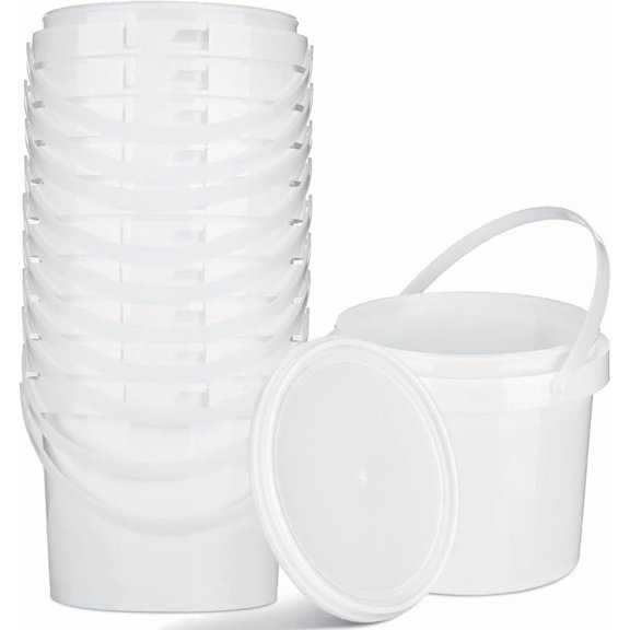 Gerrii 10 Pack White Plastic Bucket with Handle and Lid Food Storage Bucket Containers All Purpose Pail for Multipurpose Paint Water Art Crafts Projects Garage Organization (White, Black, 1.3 Gallon)