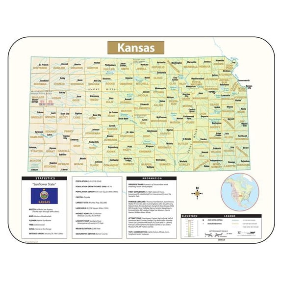 Univarsal 911641512001-64x54-PPR 64 x 54 in. Kansas Large Scale Shaded Relief Wall Map - Paper