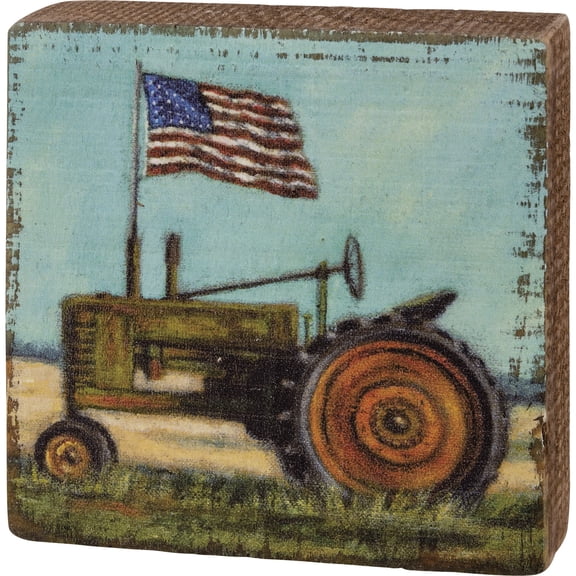 Primitives by Kathy Tractor and Flag Home Décor Block Sign, 3.5 x 3.5 x 1 inches
