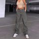 thumbnail image 1 of Pantalones cargo de mujer con cierre de cremallera Pantalones de pierna ancha de algodón Traje de calle con botones, 1 of 7