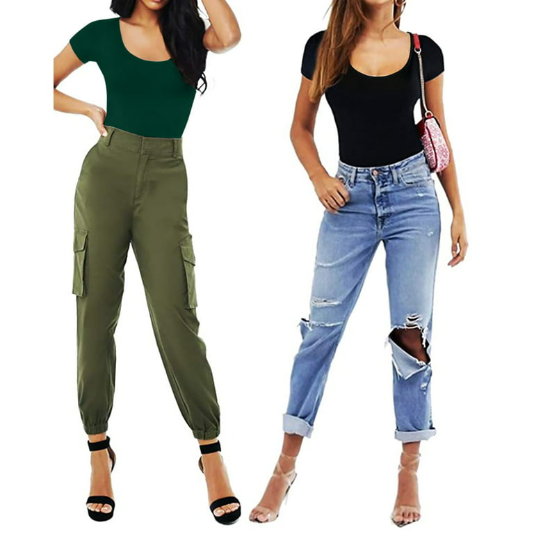 Vafful Bodysuit for Womens Scoop Neck Summer Short Sleeve Shirts Stretchy  Ribbed Basic Fitted Tops Bodysuit Jumpsuits U Neck Dark Green S-XL 