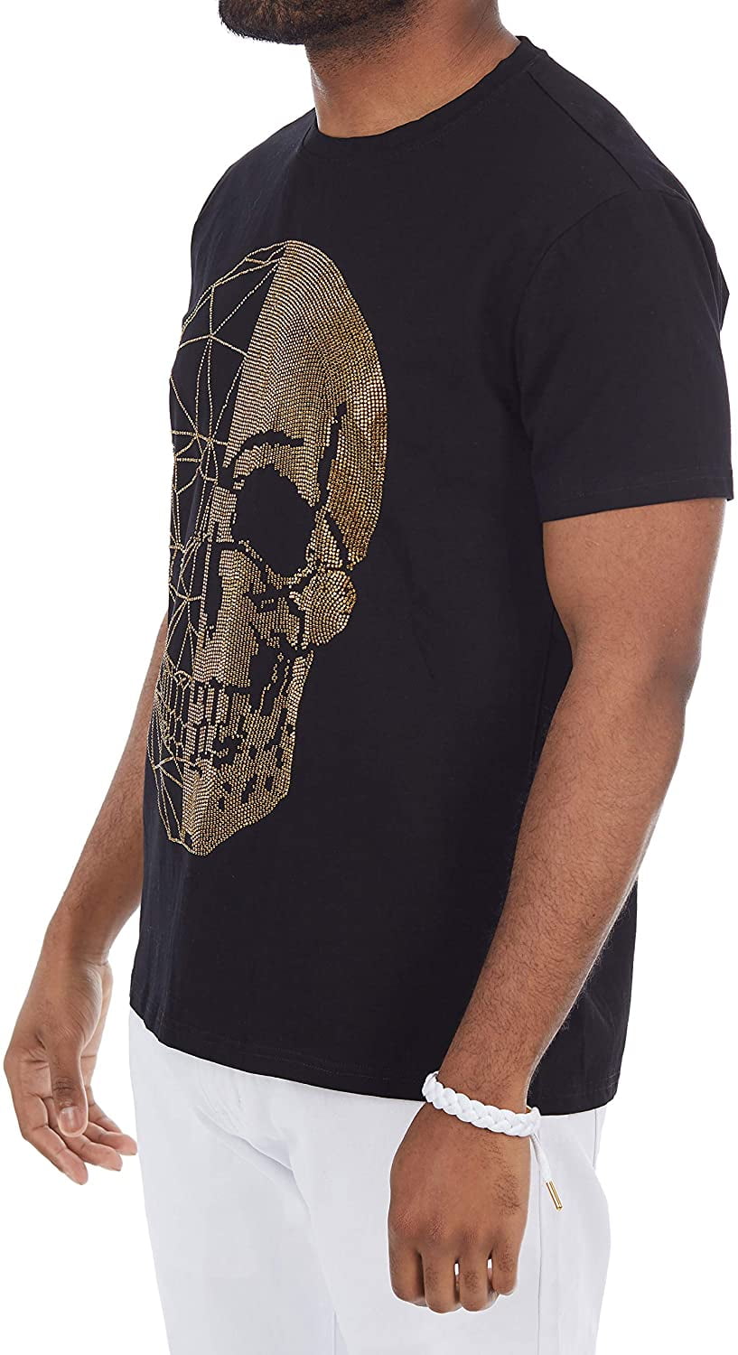 国内で当店のみ DETW - Ready Skull Graphic Slim Fit T-shirt Men's Rhinestone Graphic T-Shirt, Skull Printed Bling Stone