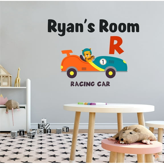 ALPHABET - Fast Racing Car Tiger Animal Racer Adhesive Vinyl Decoration Customized Name Lettering Art Design Removable Kids Bedroom Wall Decal - Home Nursery Letter R Alphabet Wall Sticker 10" x 7"