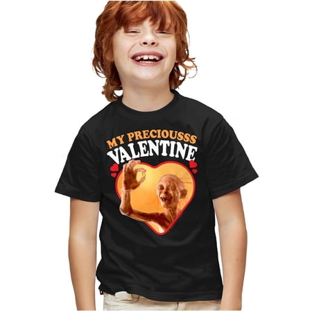 Lord of the Rings Gollum My Precious Valentine Kids T Shirt for Youth Boys and Girls, Black, Medium