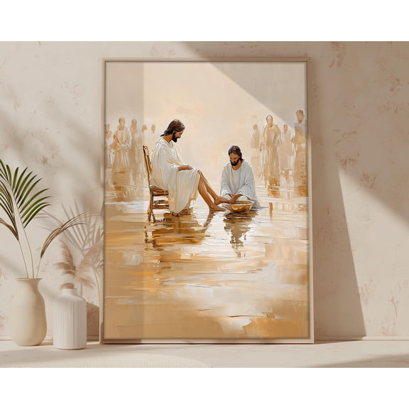 Jesus Washing Feet, Bible Christian Artwork, Modern Boho Minimalist Poster, Jesus Art, , UNFRAMED Poster, Wall Art for Decor, Present, 8x12