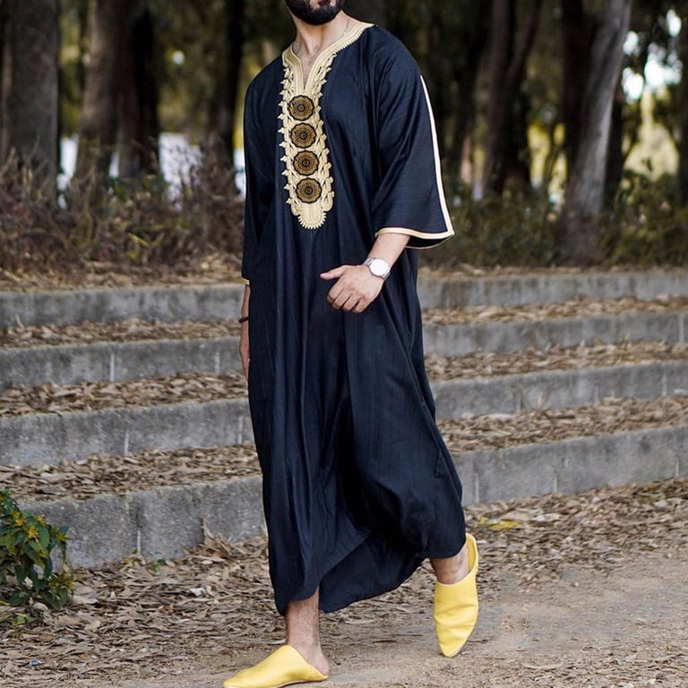 Pitauce Men's Short Sleeve V-Neck Ethnic Stripe Print Long Robe