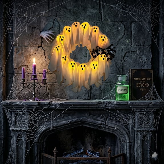 Halloween Ghost Wreath for Front Door，12 Glowing White Ghost Ribbon Wreath for Indoor & Outdoor Party Wall Window Porch Decoration，17.7 inches