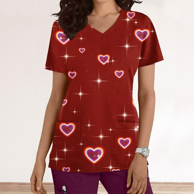 TIMIFIS Hauts de Sarrau de la Saint-Valentin pour Femmes Imprimés Uniforme de Travail à Manches Courtes Col en V Blouse T-shirt de Travail avec Poches - Imprimé Rouge Melon D\'eau