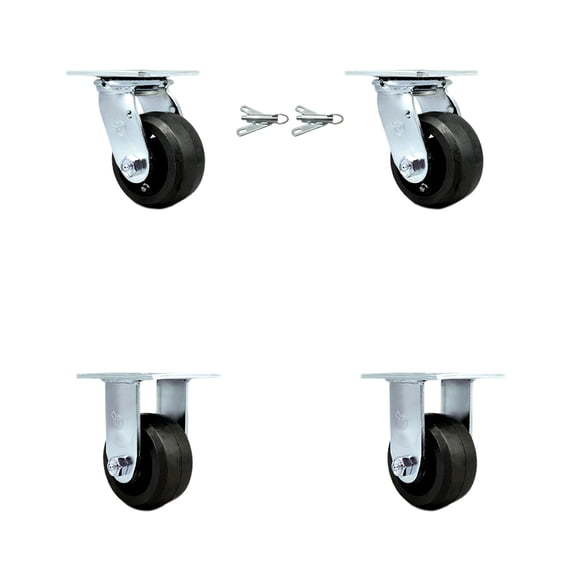 4 Inch Rubber on Steel Caster Set with Ball Bearings 2 Swivel Lock 2 Rigid SCC