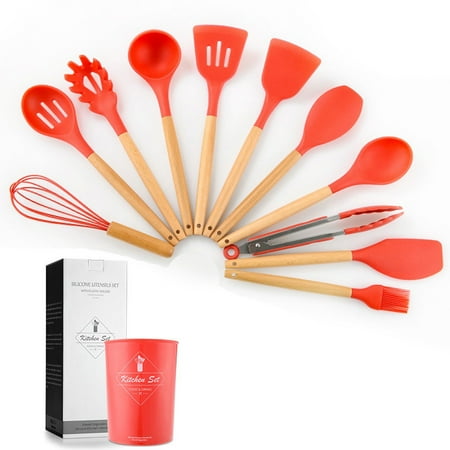 

Durable Practical Heat Resistant Silicone Kitchenware Kitchen Tool Cookware Sets Wooden Handle New