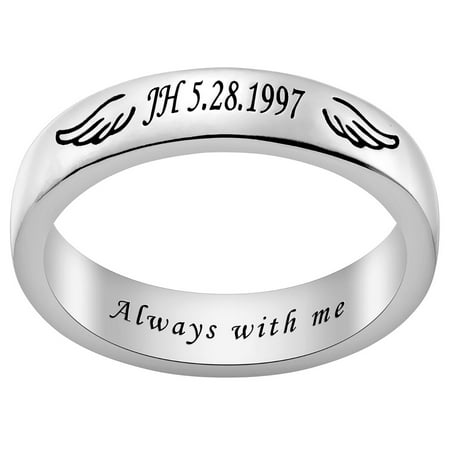 Personalized Planet Silver Plated Engraved Angel Wing Memorial Ring ,Women's
