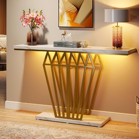 Console Table, Modern 47.24-Inch Entryway Table with LED Lights, Narrow Hallway Accent Table with Gold Metal Base for Living Room, Entrance (White/Gold)