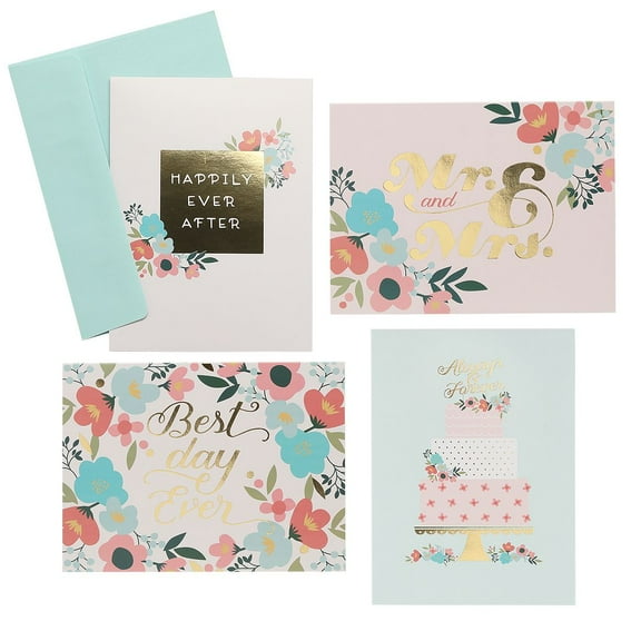 Floral Mr And Mrs Wedding Anniversary Card Assortment / 12 Cards With Mint Envelopes / Real Gold Foil / 4 5/8" x 6 1/4" Folded Greeting Cards / 4 Modern Designs