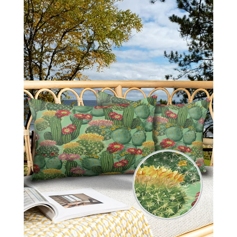 Succulent Cactus Succulent Outdoor Pillow Cactus With Pink Flowers - Main Image