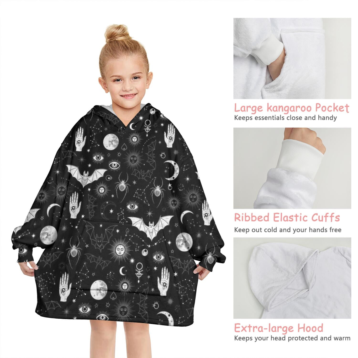 Black White Gothic Hand Bat Eye Pattern Blanket Hoodies for Kids 6-13YR Oversize Wearable Blanket Hoodies for Boys Girls Teens