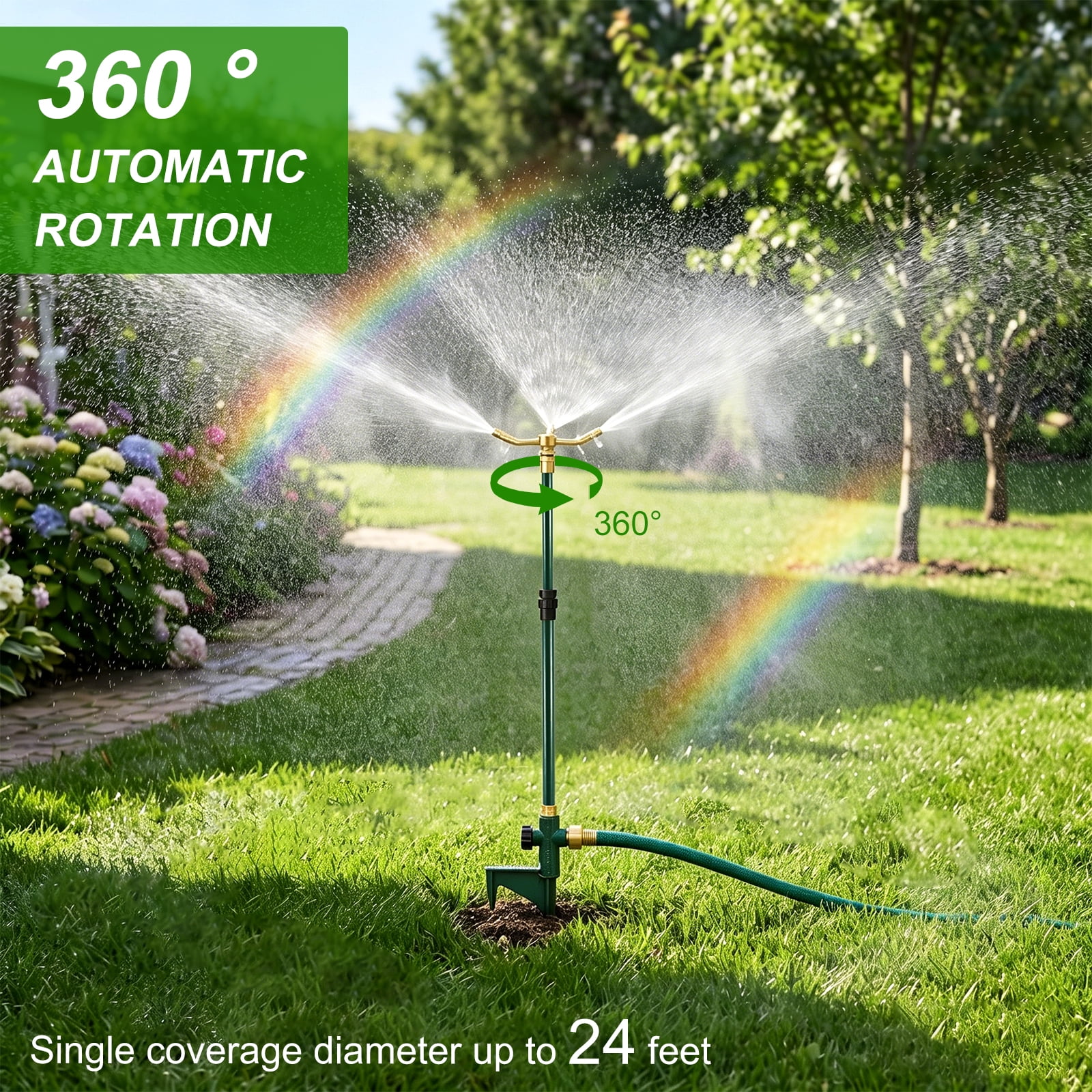 3 Arm Garden Sprinkler 360 Degree Rotation Water Sprinkler Aluminum Alloy Lawn Sprinkler with Adjustable Telescoping Rod and Spike Base Irrigation Tool for Large Area Yard Lawn Garden