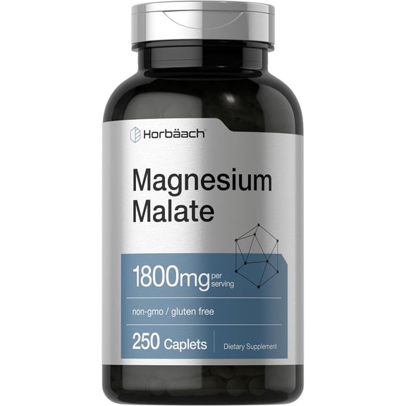 Magnesium Malate 1800mg | 250 Coated Caplets | Vegetarian, Non-GMO, Gluten Free Supplement | by Horbaach