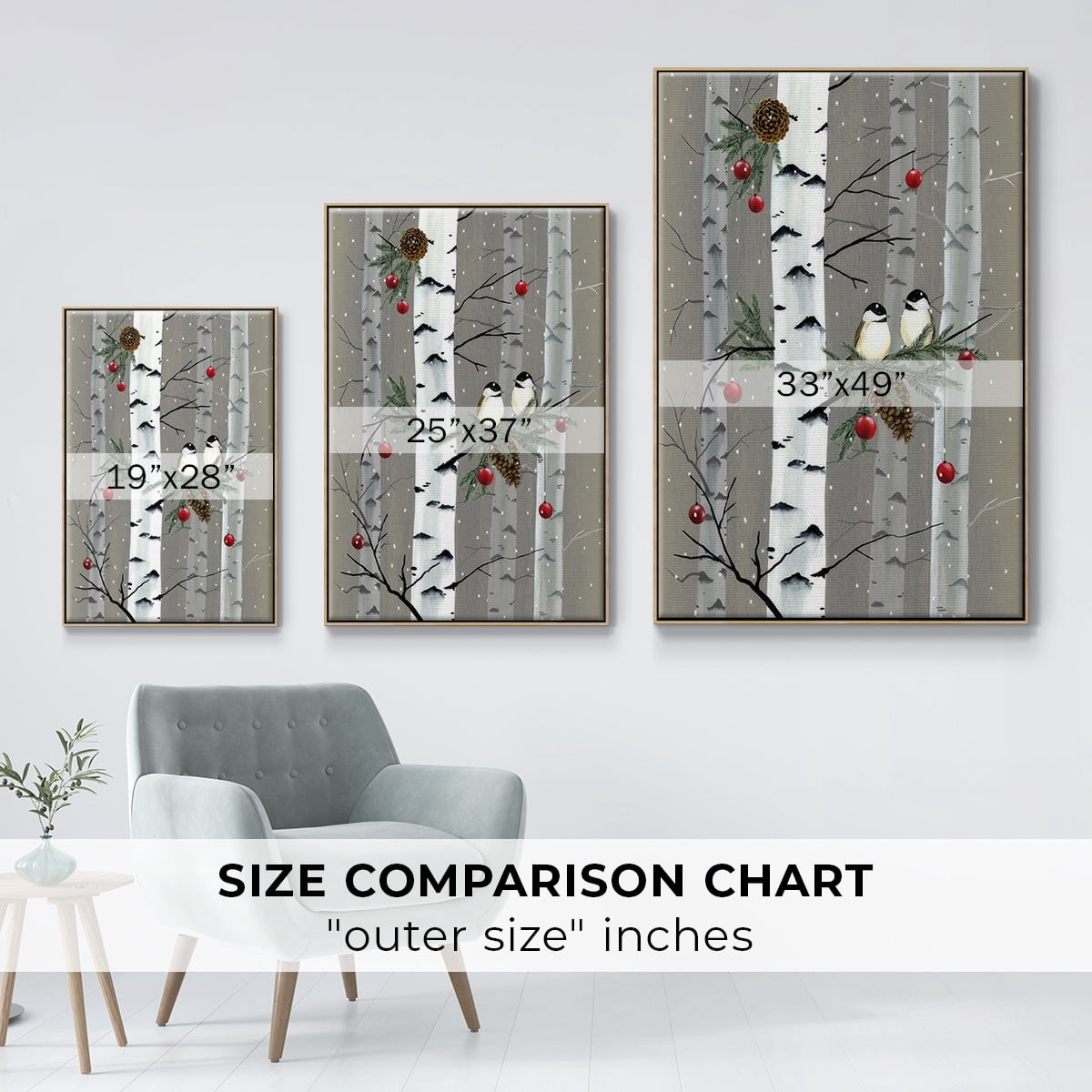 Birch Birds I - Framed Gallery Wrapped Holiday Canvas - 27 x 41 - Natural Wood Frame