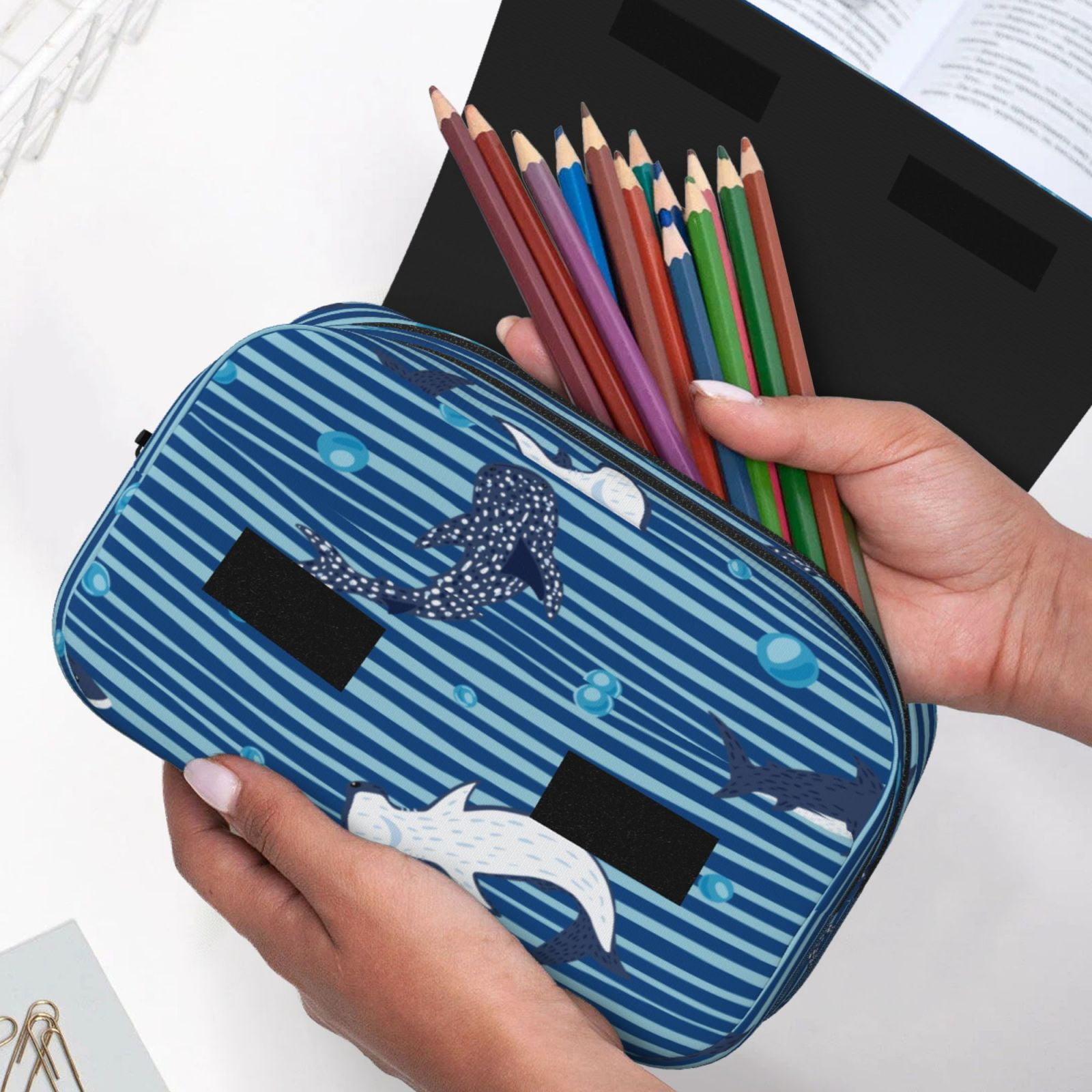 Rateoe Sharks on White Blue Striped Pattern Double Clamshell Pen Case, Storage Organizer with Two Zipper Compartments– Holds Up to 50 Pencils & Pens