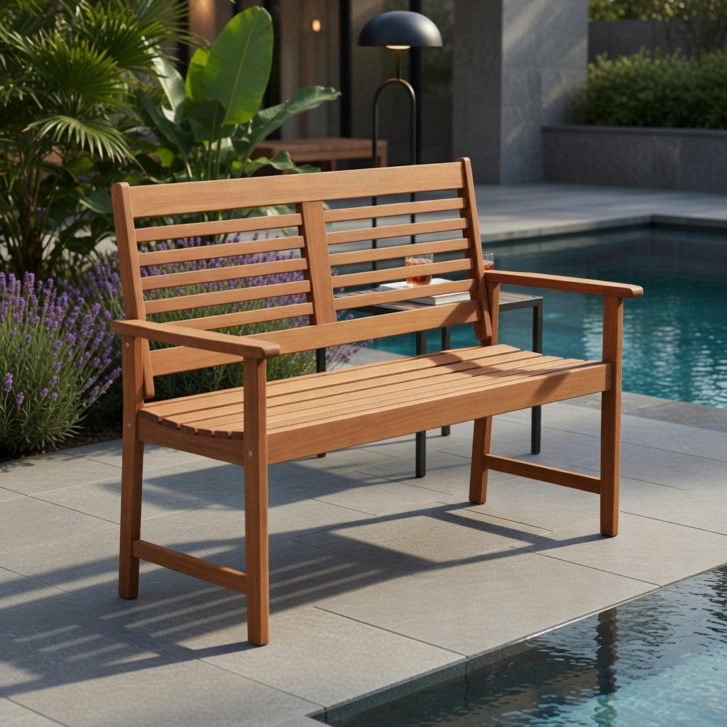 Hommoo Teak Solid Wood Outdoor Loveseat Bench, 2-Seat Patio Bench with Ergonomic Inclined Backrest, Slatted Ventilated Seat & Reinforced Crossbar Support, Natural