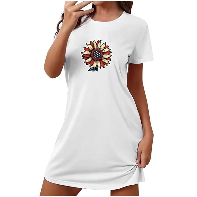 Tnhcen Chemise de Nuit Courte Surdimensionnée pour Femmes Imprimée Col Rond et Manches Courtes Robe de Nuit Dentelle Grande Taille Chemise de Nuit Vêtements de Nuit Liquidation Lingerie Blanche