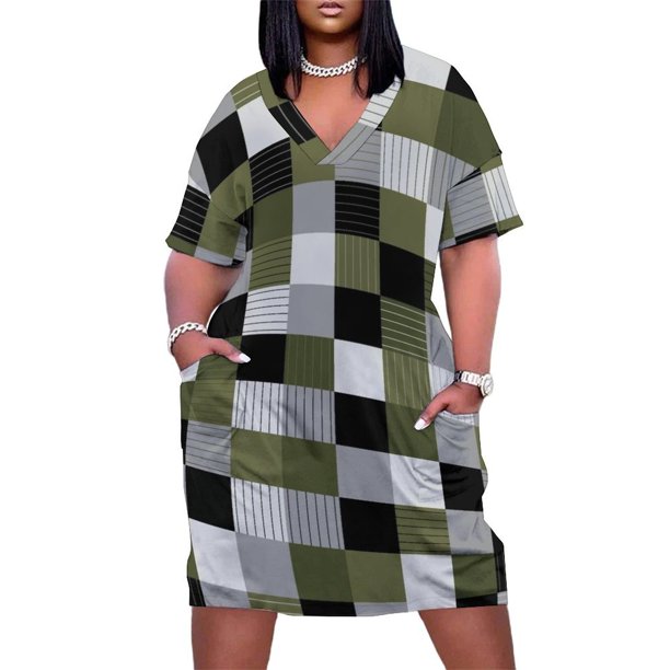 Vestido de bolsillo suelto para mujer vestidos de ocasión formal diseño cuadrado cuadros lineales verde salvia negro gris blanco