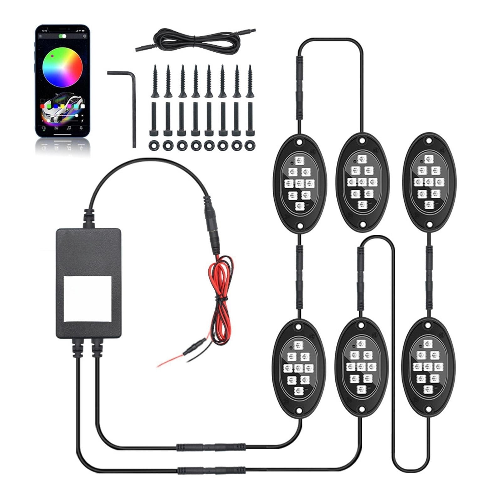 Ohmyroo RGB LED Rock Lights 6 Pods Bluetooth App Control Underglow Chassis Light Kit Black