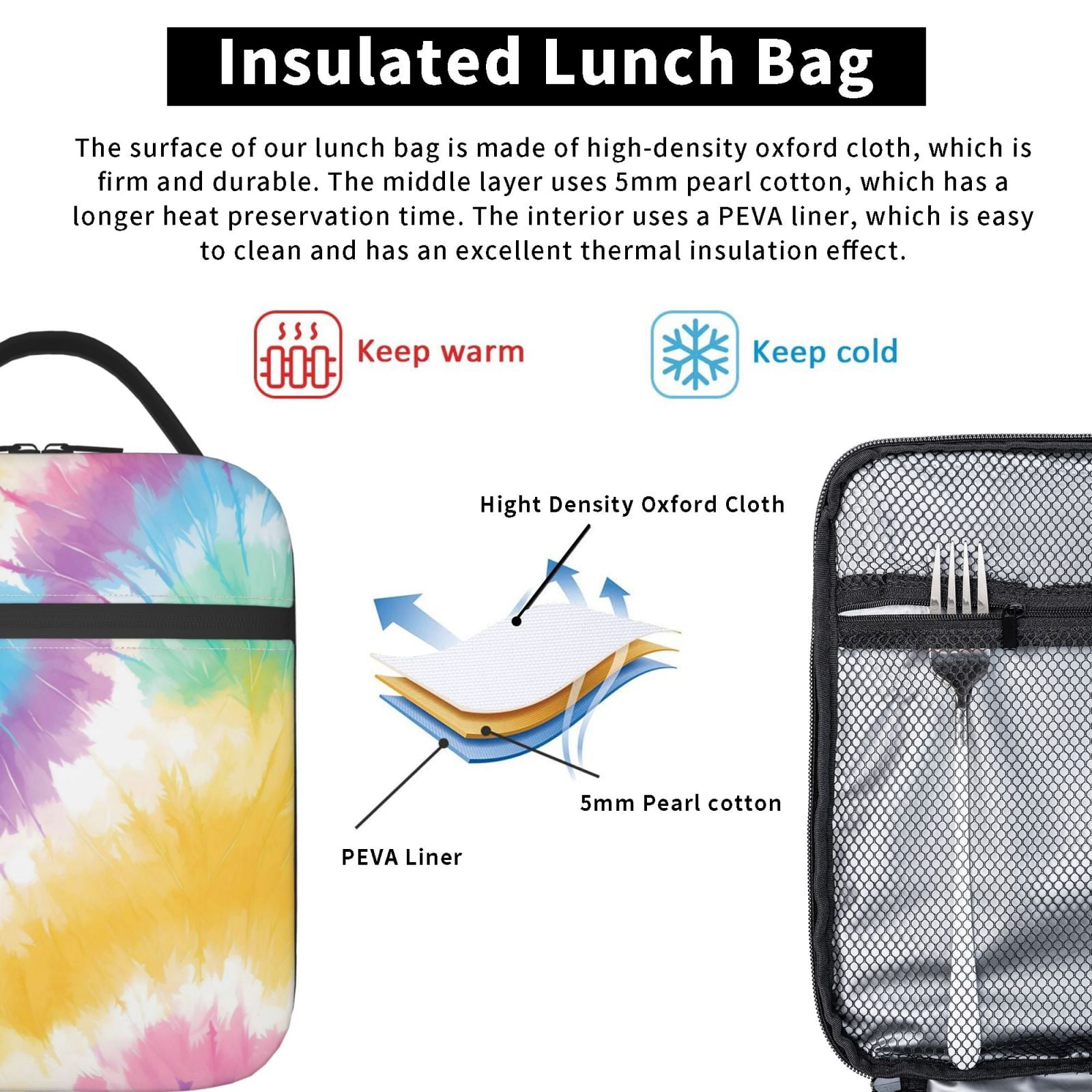 Lunch Bag For Women Men Insulated Portable Lunch Box Bento Box Office Picnic Travel Cooler Bag Yellow Tie-Dye Background Rainbow Colors_1