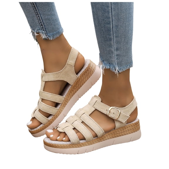 Rokment Womens Roman Platform Gladiator Sandals Beach Trendy Casual Suede Open Toe Buckles Chunky Wedge Fisherman Dress Heels Comfortable Walking Shoes Summer Beige Size 6