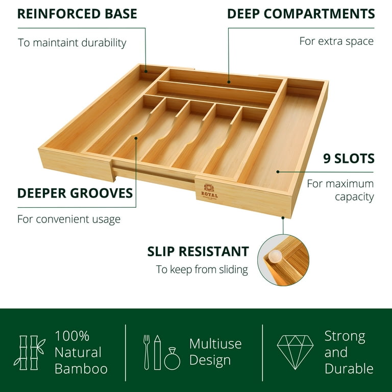  Luxury Bamboo Kitchen Drawer Organizer - Silverware Organizer  - Utensil Holder and Cutlery Tray with Grooved Drawer Dividers for Flatware  and Kitchen Utensils (9 Slot, Natural)