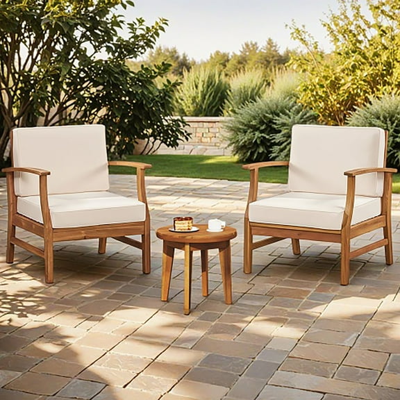 Christopher Knight Home 3-Piece Outdoor Chat Set, Wood Club Chairs with Cream Cushions and Side Table, Teak
