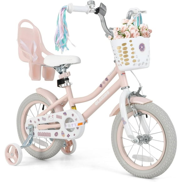 OLAKIDS 14 Inch Toddlers Bike with Training Wheels Doll Seat Basket Adjustable Seat and Handlebar, Handbrake and Coaster Brake, Children's Bicycle for Girls