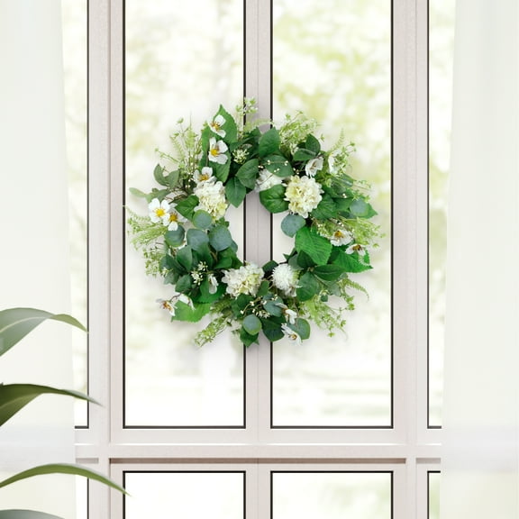 CC Christmas Decor Hydrangea and Dogwood Artificial Floral Spring Wreath - 24" - Green and White