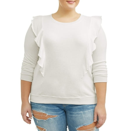 Juniors' Plus Size Scoop Neck Long Sleeve Sweatshirt with Princess Ruffles