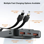 Aioneus Portable Charger Power Bank with Built-in Cables, 10000mAh 20W Fast Battery Pack, Black