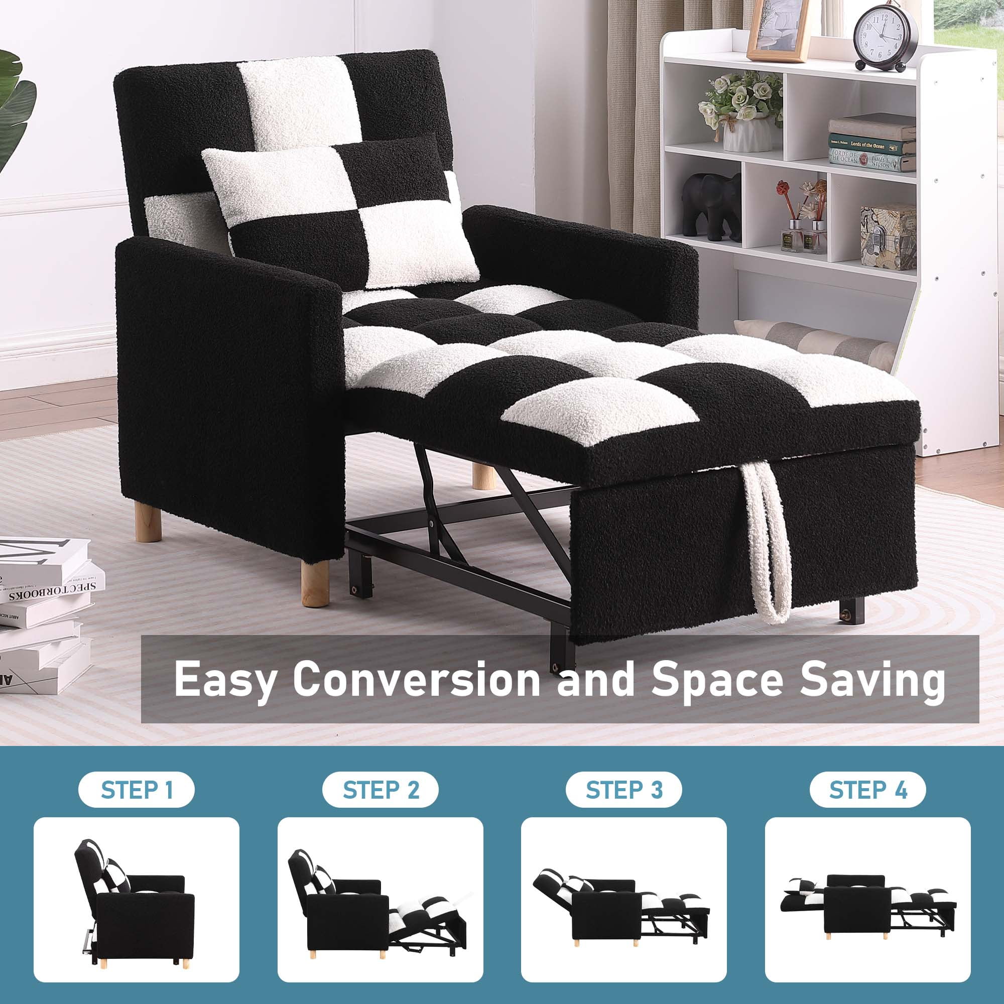 Free Shipping! Aukfa Convertible Sleeper Chair Bed, Patchwork Pull Out Sofa Chair with Adjustable Backrest, Teddy  Black/White  (图4)