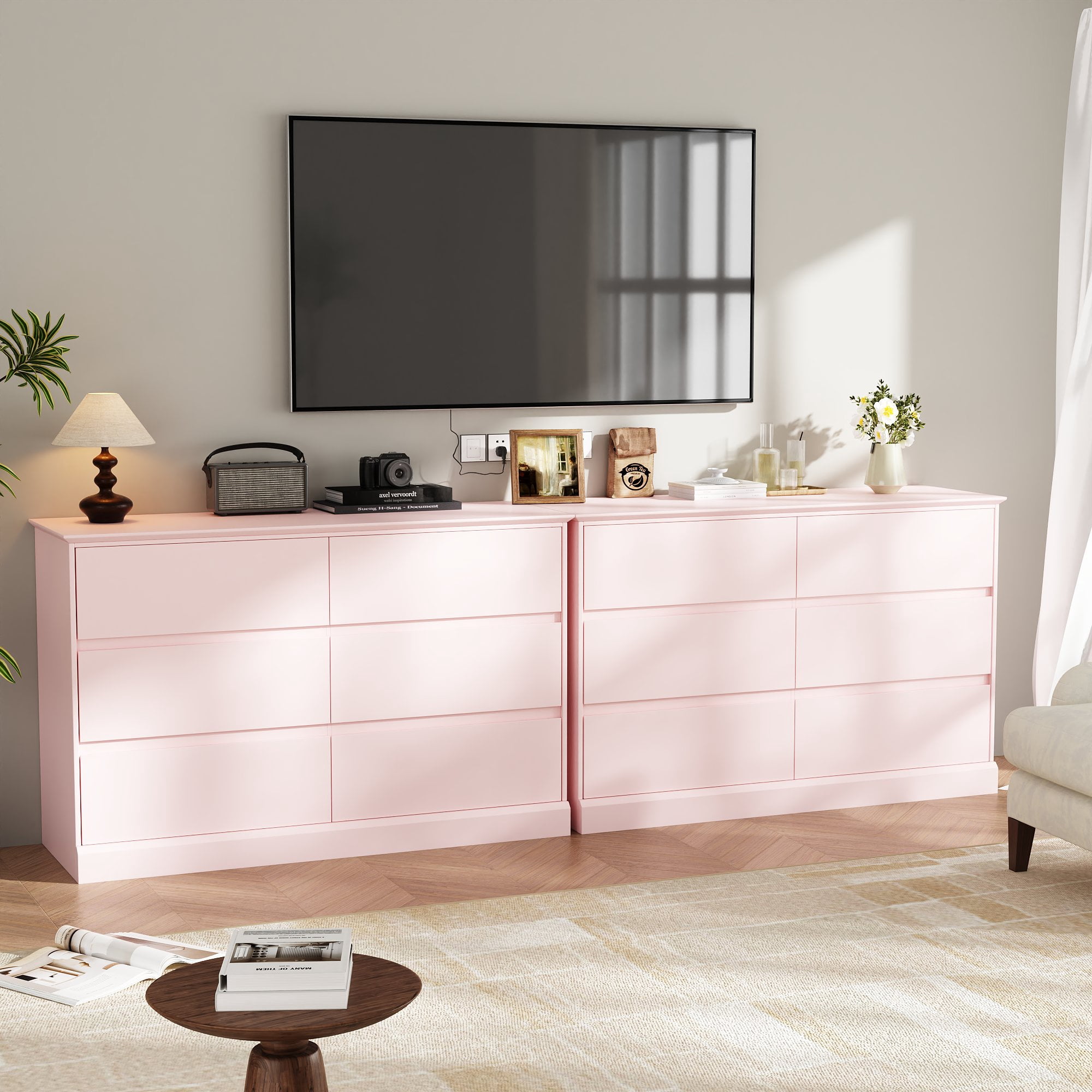 6 Drawer Dresser for Bedroom, White Dresser Double Chest of Drawers, Modern Wood Dressers with Deep Drawers for Living Room,Pink