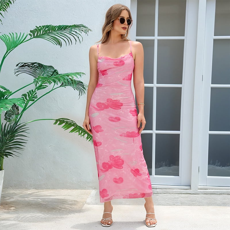 Women'S Floral Ruched Bodycon Midi Dress Mesh Fishtail Summer Wedding Guest Cocktail Going Out Dresses 2025 Rose Red M