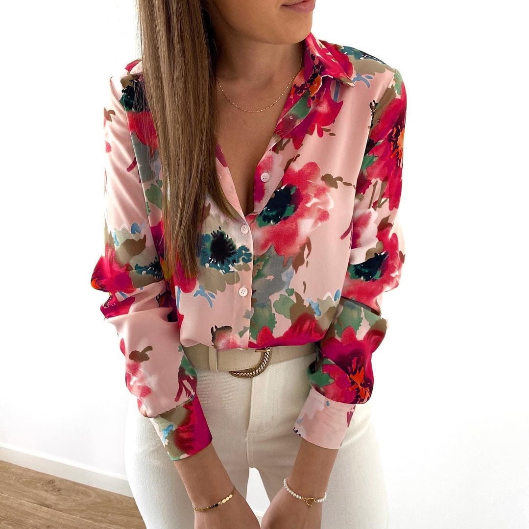 Women's Turn Collar Floral Button Shirts Casual Elegant Top Slim Harajuku Long Sleeve Blouse - Walmart.com