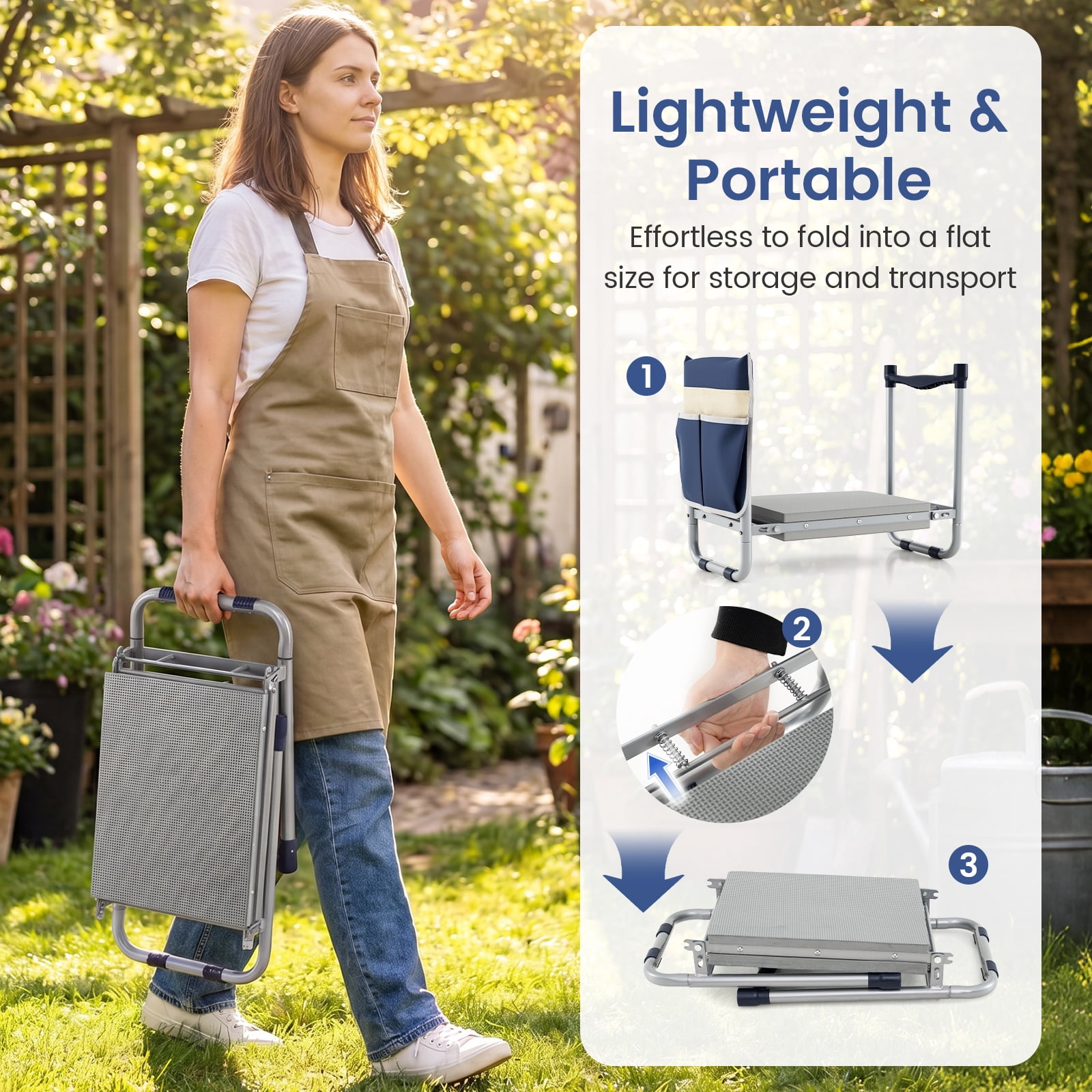 Costway Garden Kneeler and Seat, Foldable Gardening Stool with Wide EVA Foam Padding Navy