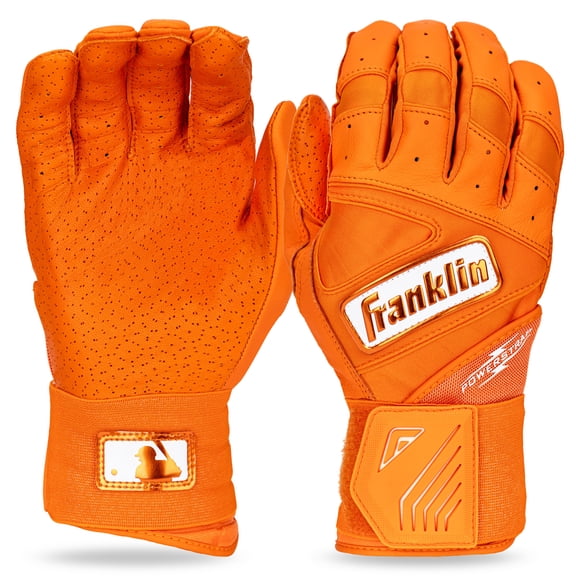 Franklin Sports MLB Batting Gloves - Infinite Powerstrap Baseball Softball Batting Gloves -Durable Full Wrap Cage Practice Gear - Reinforced Wrist Heavy Duty Leather - Adult Small - Orange