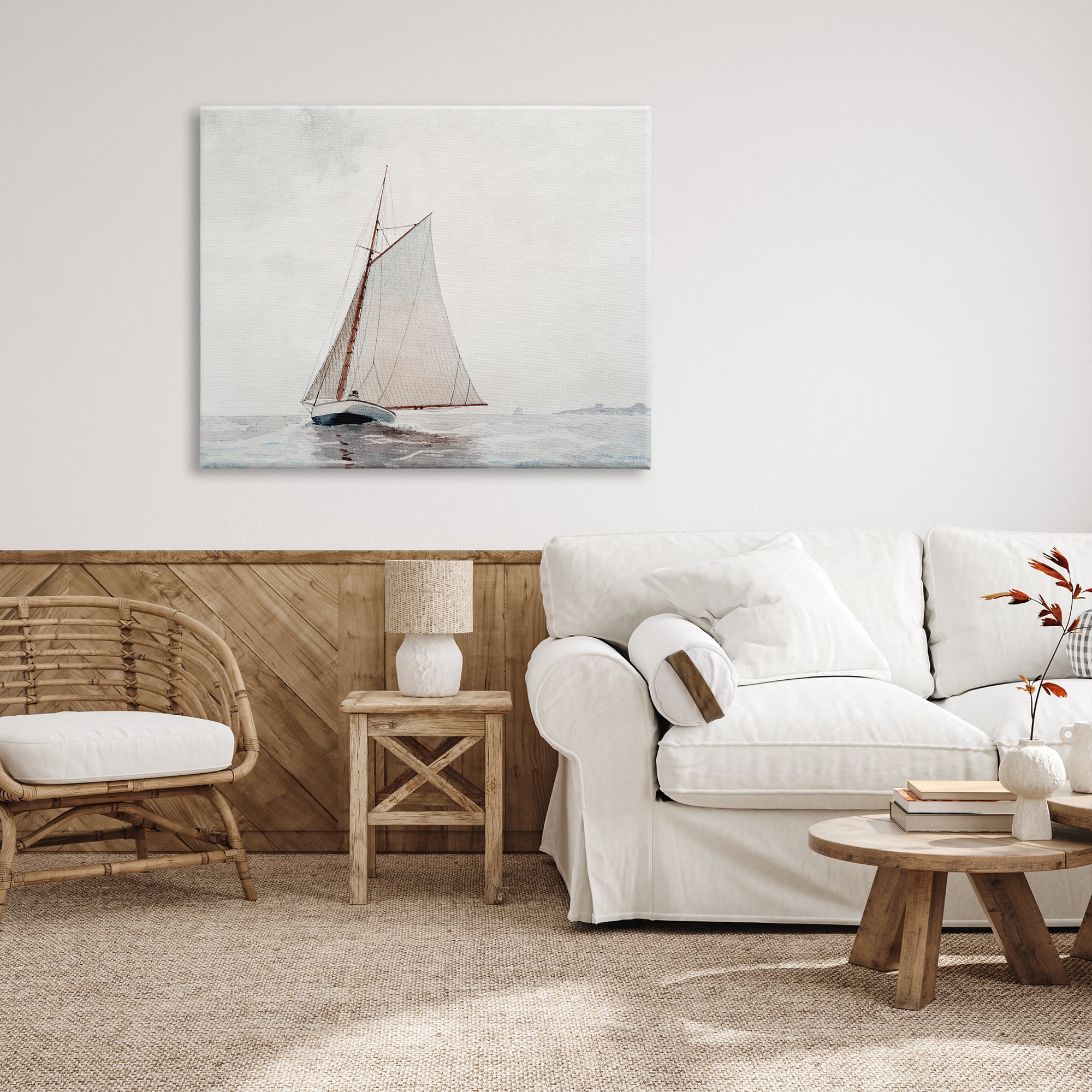 Stupell Industries Sailboat Foggy Weather Clouds Ocean Waves Crashing Painting Gallery Wrapped Canvas Print Wall Art, Design by Lettered and Lined
