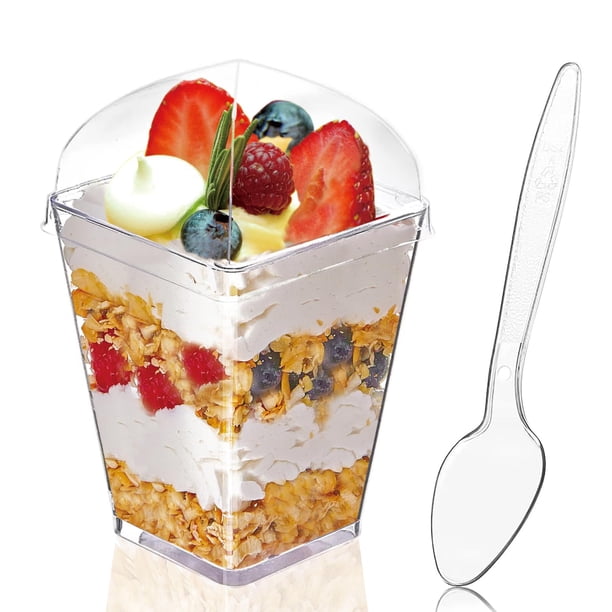 Vasos de plástico para postres Hiasobre, paquete de 50 unidades, 150 ml, con tapas y cucharas