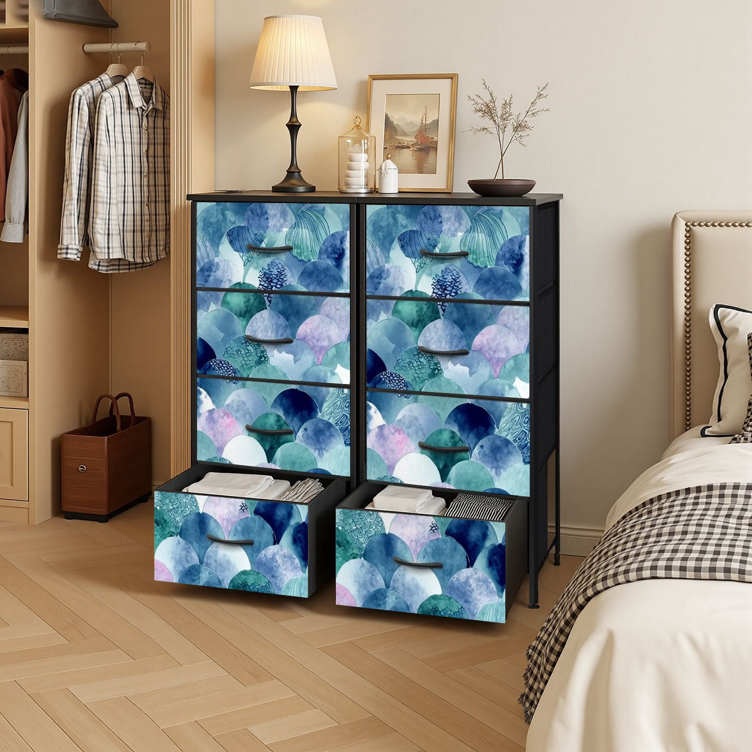 4 Drawer Vertical Storage Dresser Abstract scales Fish skin texture teal turquoise with Wood Top Fabric Pull Drawers