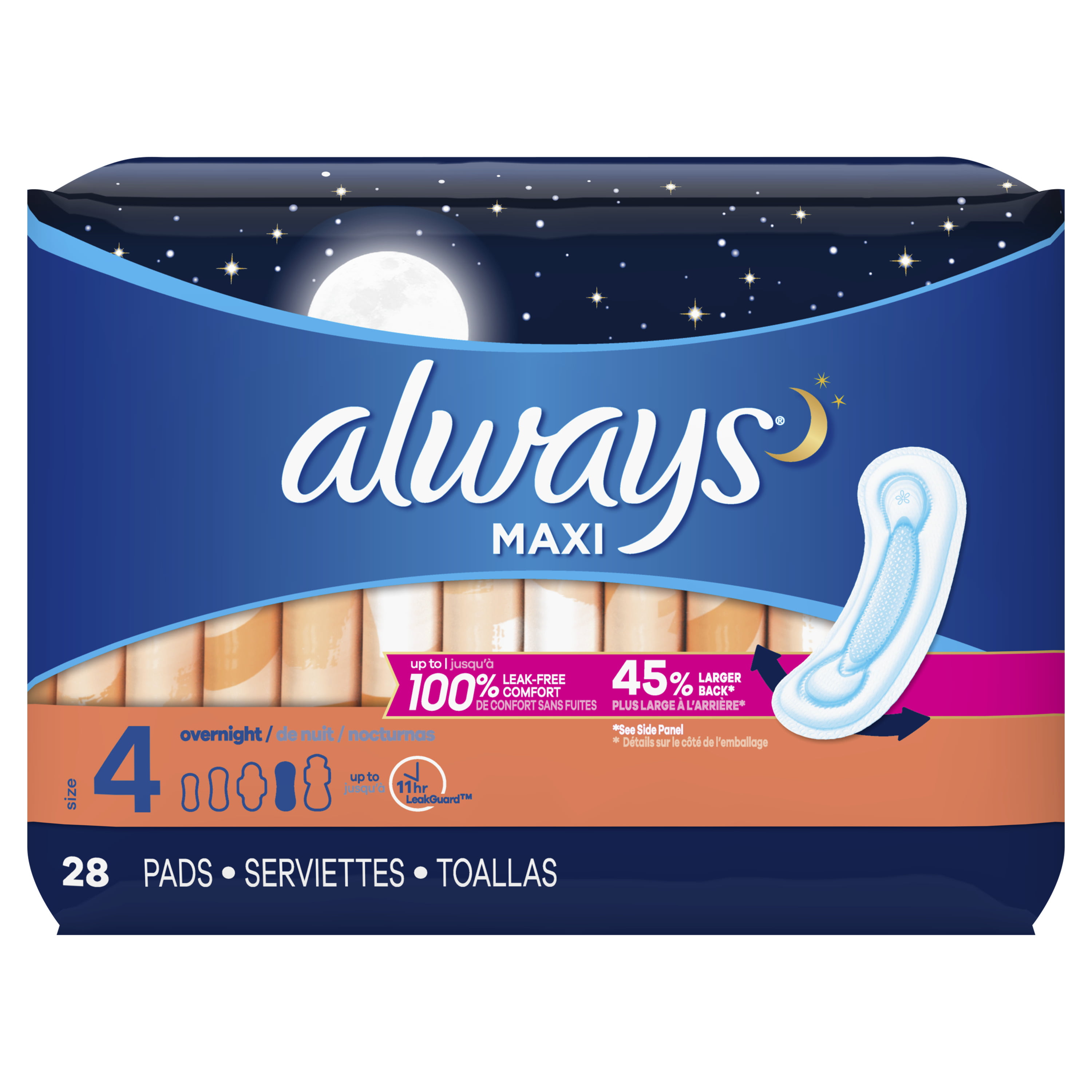Always Maxi Overnight Pads Wingless, Unscented, Size 4, 28 Ct - Walmart ...