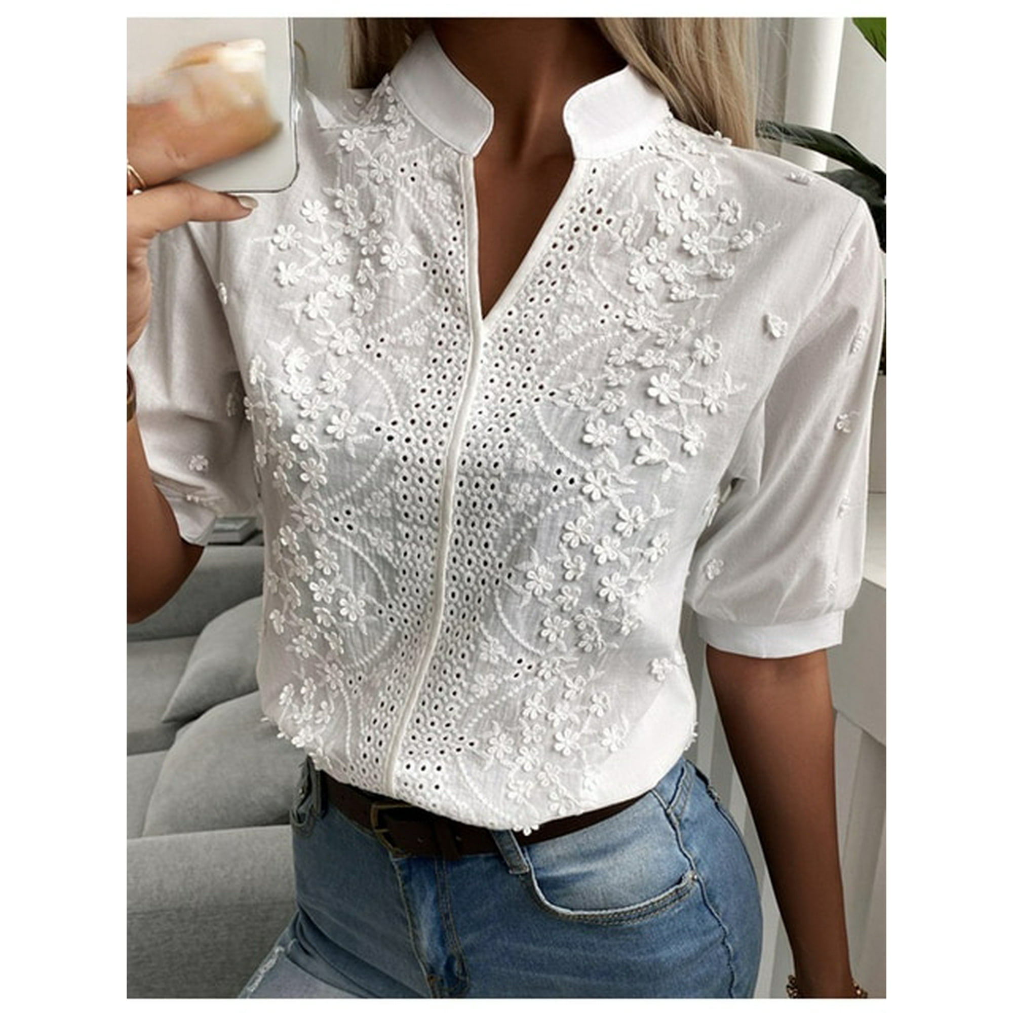 Chic Solid Hollow out V Neck Lace Blouse Floral Patterns Embroidery Decoration Casual Women Shirt Puff Sleeved Half Cotton Tops Walmart